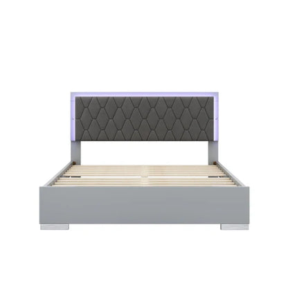 4-Pieces Bedroom Sets Queen Size Upholstered Bed with LED Lights, Mirrored Nightstands and Dresser with Metal Handles and Legs