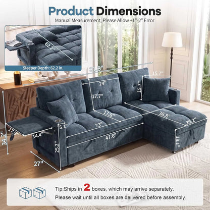 L-Shaped Sleeper Sofa with Pull Out Bed, Convertible Sectional Couch with Storage Chaise, USB/Type-C Charging and Cup Holders, Plush Chenille Modular Sofa for Living Room, Blue
