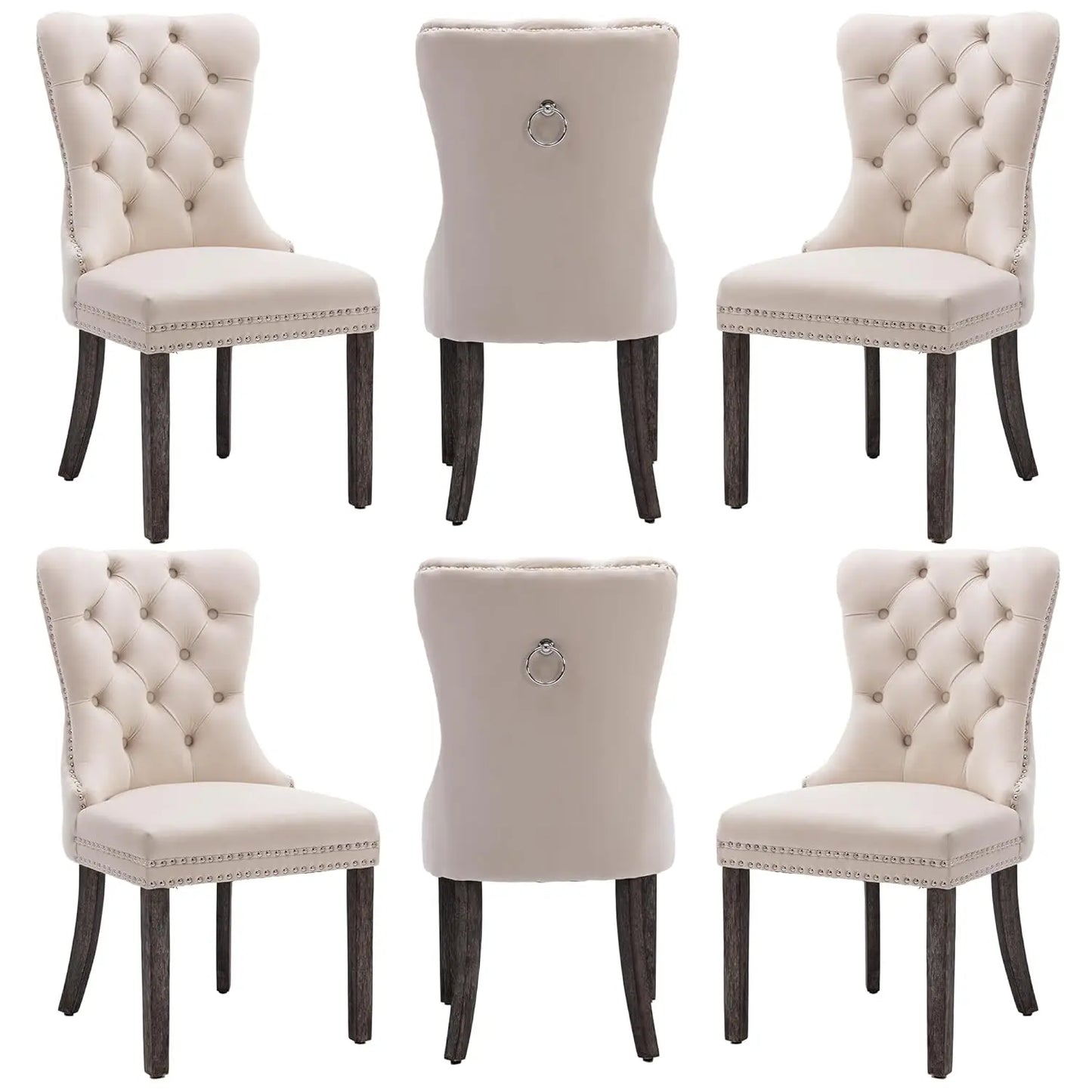 Leather Dining Chairs with Solid Wood Legs and Pull Ring, Luxury, Customized Set of 6