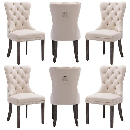 Leather Dining Chairs with Solid Wood Legs and Pull Ring, Luxury, Customized Set of 6