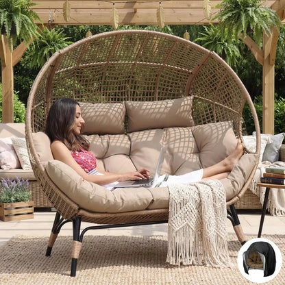 Indoor / Outdoor Stationary Oversized Double Egg Chair   6.5" Thick Padded Cushions, 2 Person Wicker Egg Loveseat Chair