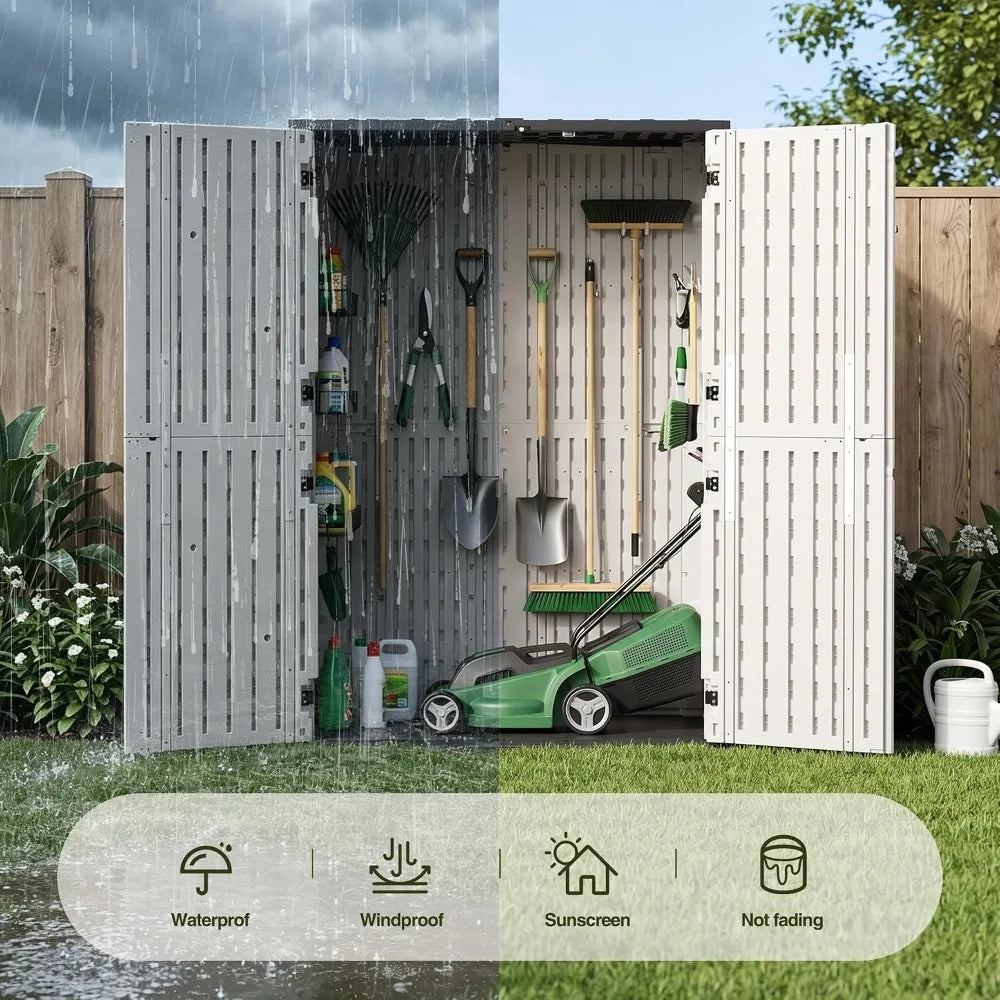 65 Cu.Ft Resin Outdoor Storage Shed with Floor, Weatherproof Plastic Vertical Cabinet for Garden