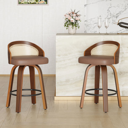 Set of 2 Swivel Bar Stools, Modern Wood Frame with Rattan Back, PU Leather Seat for Kitchen Counter, Bar Table