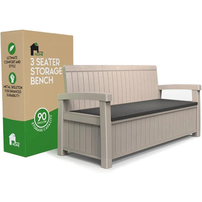 3 Seat Outdoor Storage Bench - 90 Gallon Capacity - Weatherproof Resin Bench for Patio, Porch, Garden, Yard, Pool Area -