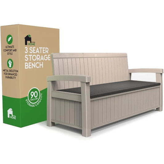 3 Seat Outdoor Storage Bench - 90 Gallon Capacity - Weatherproof Resin Bench for Patio, Porch, Garden, Yard, Pool Area -