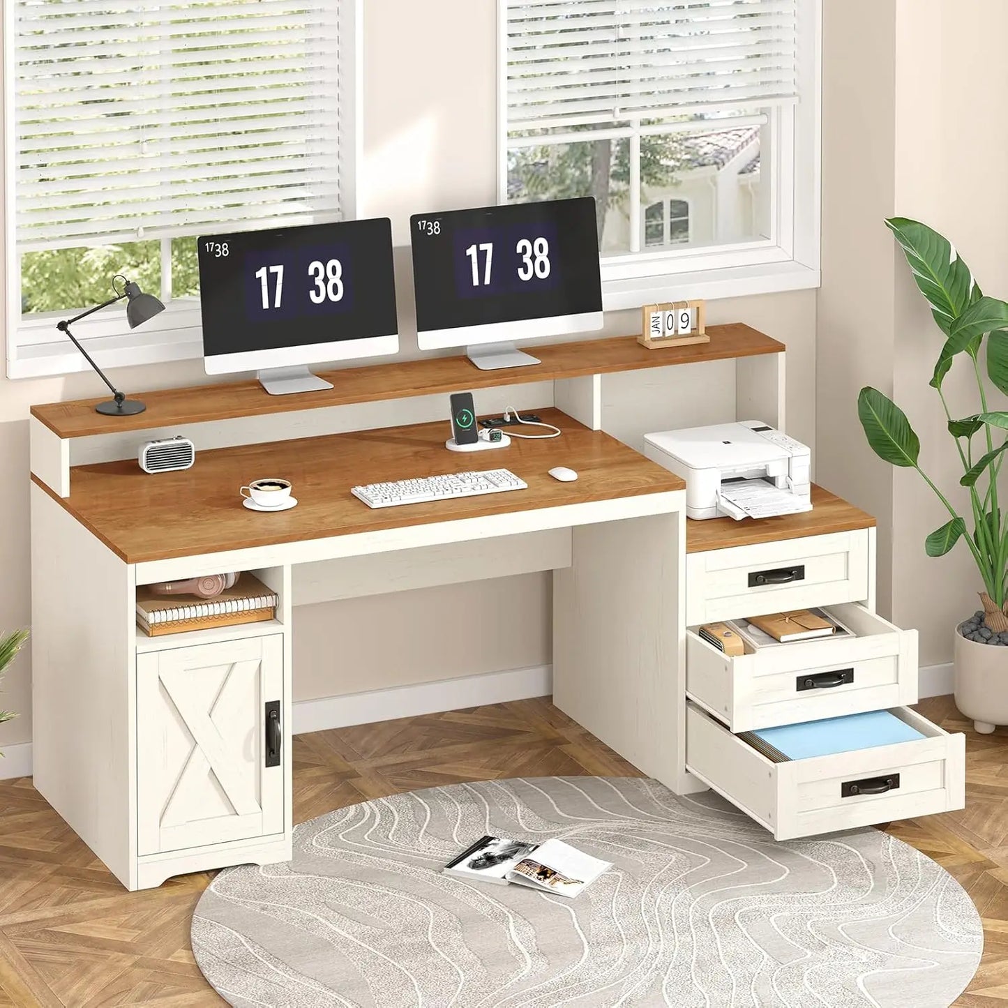 65'' Home Office Desk with Power Outlets, Storage Cabinet and Printer Stand