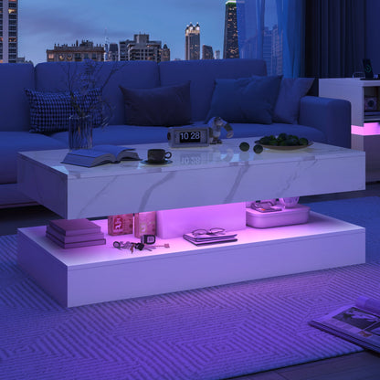 Modern  Coffee Table with LED lights, Double-Layer Design for Living Room Coffee Table with 2 Storage Drawers