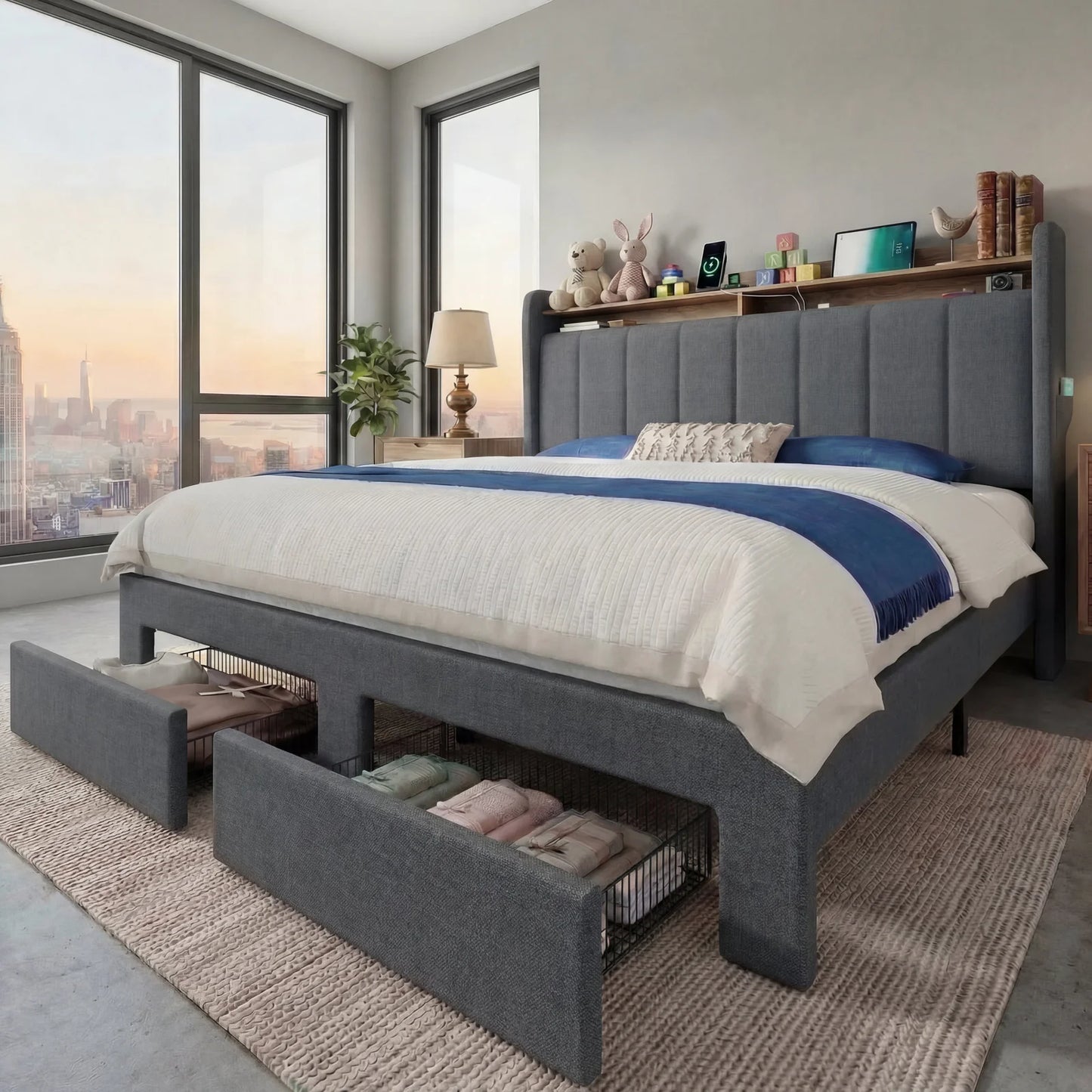 Beautiful Bed Frame, 2 Storage Drawers/2-Tier Shelves with LED Lights & Charging Station, No Box Spring Need, Full/Queen/King