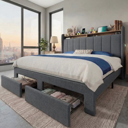 Beautiful Bed Frame, 2 Storage Drawers/2-Tier Shelves with LED Lights & Charging Station, No Box Spring Need, Full/Queen/King