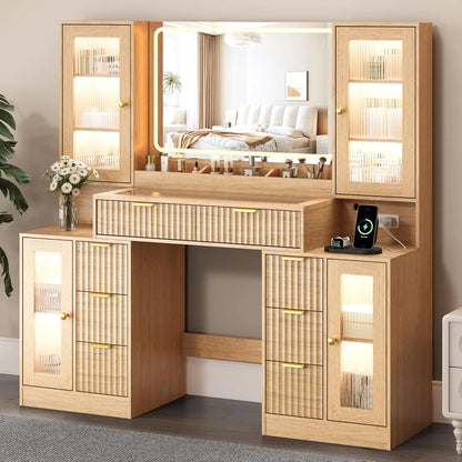 55" Fluted Makeup Vanity Desk with Mirror & Lights, 8 Drawers & 4 Cabinets, Tempered Glass Top, RGB, Custom