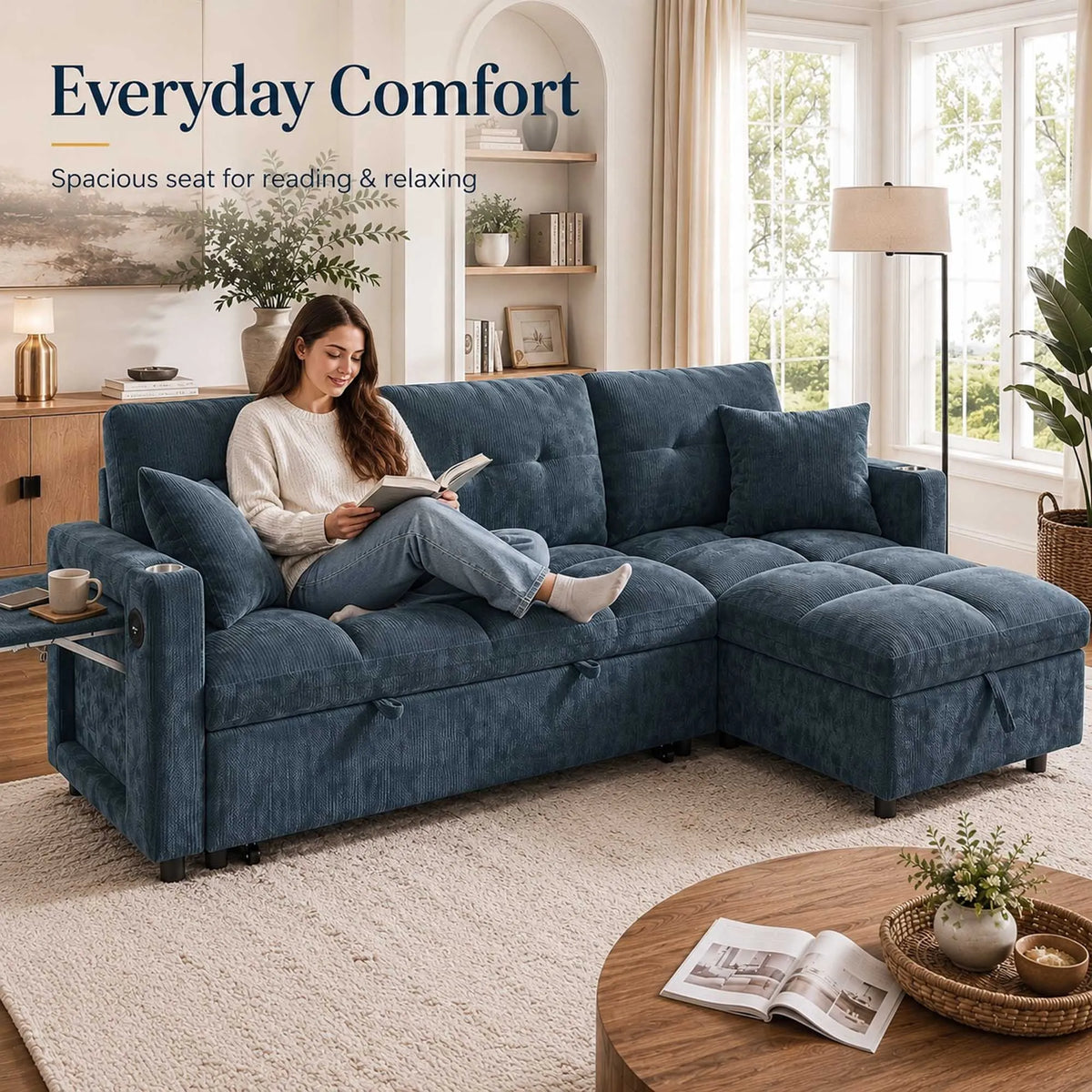 L-Shaped Sleeper Sofa with Pull Out Bed, Convertible Sectional Couch with Storage Chaise, USB/Type-C Charging and Cup Holders, Plush Chenille Modular Sofa for Living Room, Blue