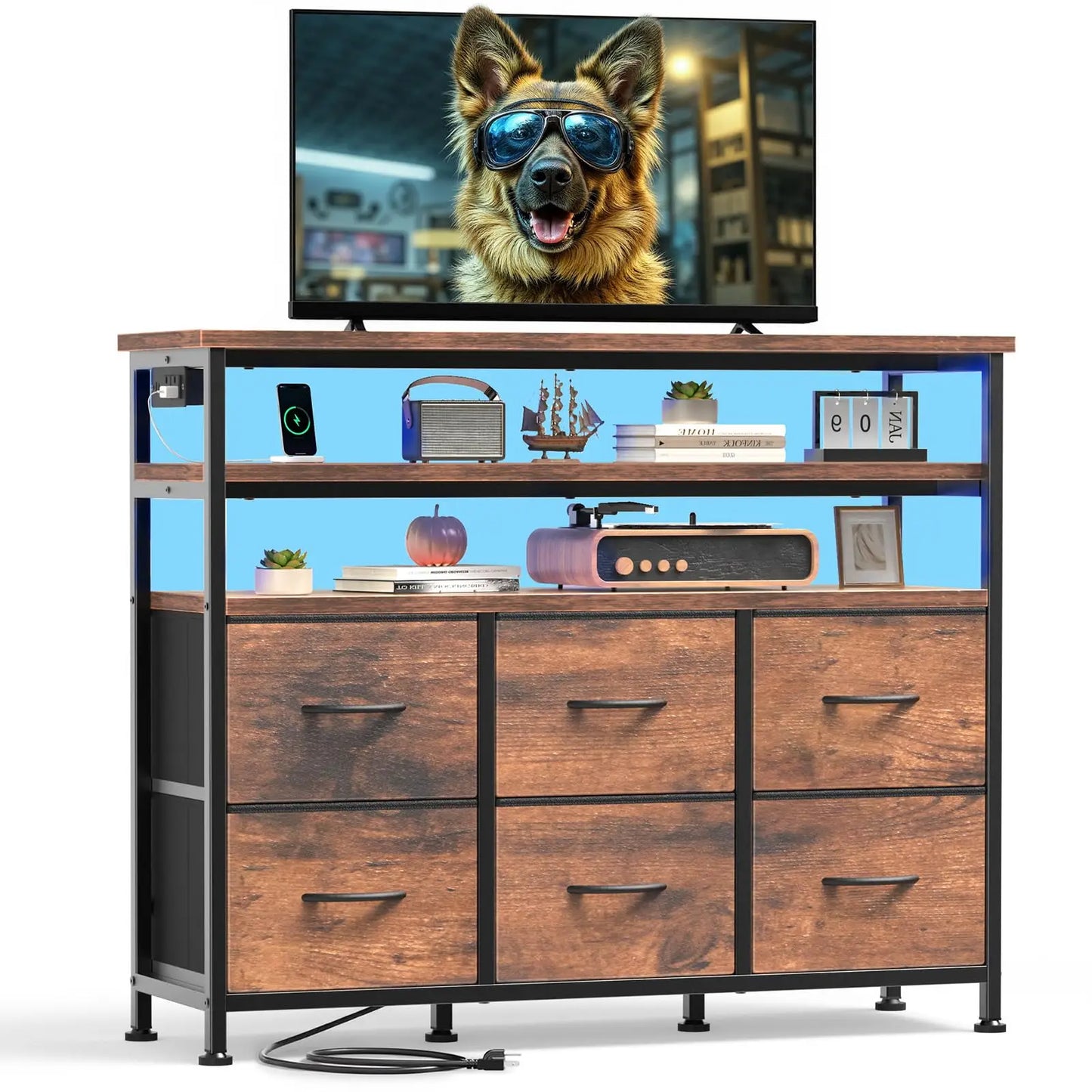 TV Stand Dresser For Living Room With 6 Fabric Drawers