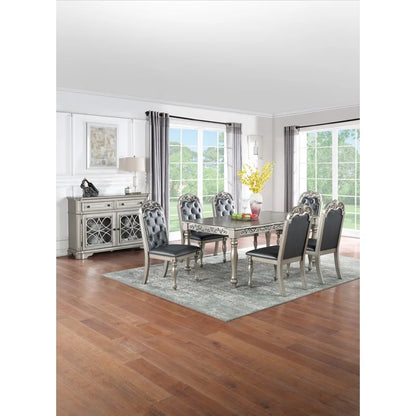 Formal Silver Grey 7-Piece Dining Set with 6 Side Chairs,  Intricate Carved Design, Tufted Back and Cushioned Seats