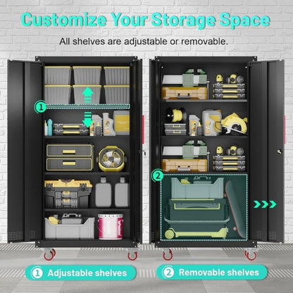 Heavy Duty Steel Garage Storage Cabinet with Wheels Lockable Tool Cabinet with Adjustable Shelves for Home Basement