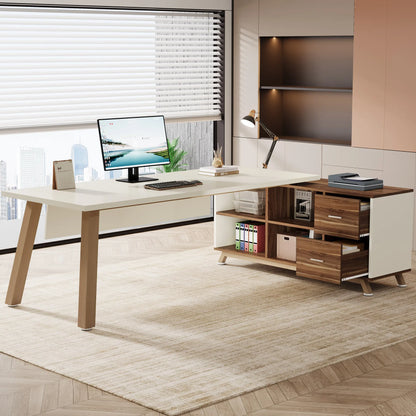 Large L-Shaped Office  Desk with 55-Inch Cabinet  Storage Shelves