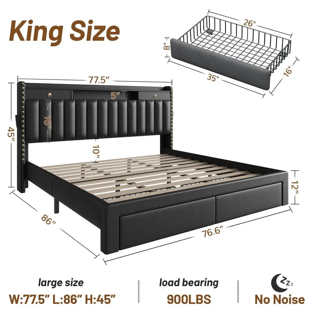 Upholstered King Bed Frame with 4Storage Drawers, 3 USB amp TypeC Charging P