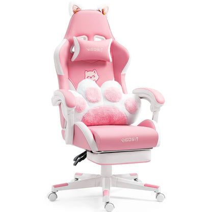 Ergonomic Computer Game Chair for Girls with Lumbar Support.  Gaming Chair with Cute Ears and Kawaii Pillow