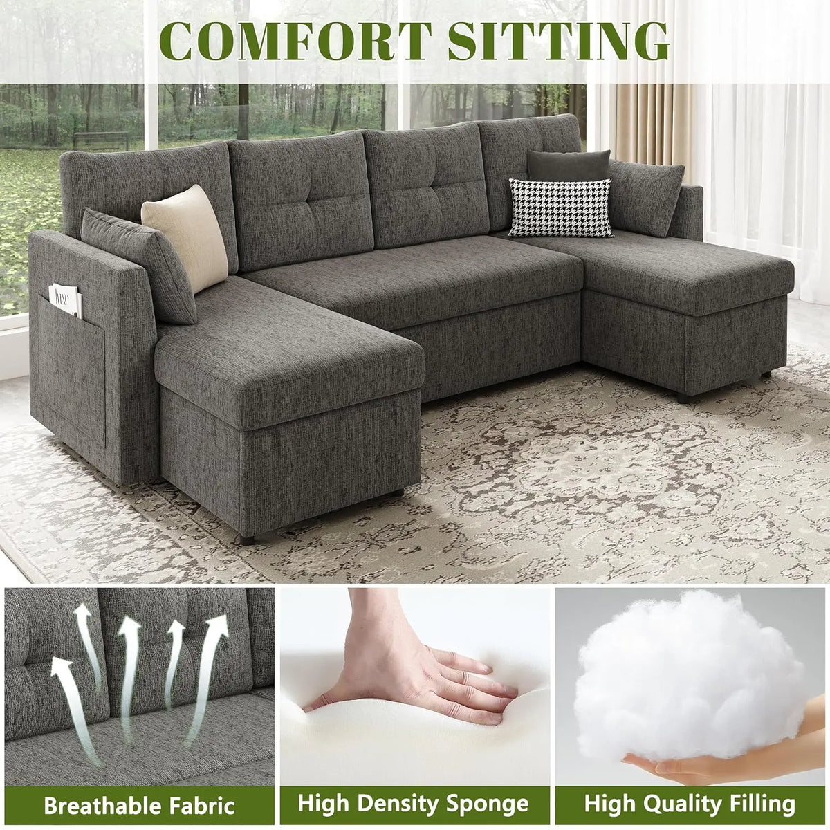 Oversized Sleeper Sofa Couch, Sectional Sofa Bed, Dark Grey | 110 inch 2 in 1 Pull Out Couch with Double Storage, Customized