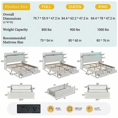 Beautiful Bed Frame, 2 Storage Drawers/2-Tier Shelves with LED Lights & Charging Station, No Box Spring Need, Full/Queen/King