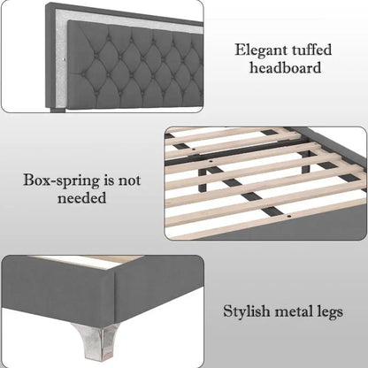 Queen Size Upholstered Platform Bed with LED Lights and 2 Nightstands in Gray - 3-Piece Bedroom Set