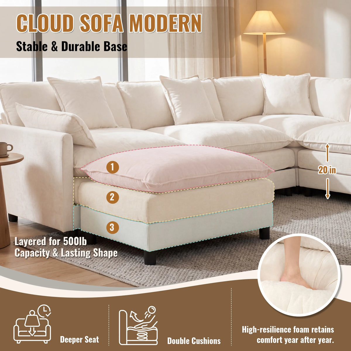 107" Modular Sectional Sofa Set with Ottoman, L-Shaped Convertible Couch, 3-Seats Chenille Deep Seat Sofa with Pillows for Living Room, Bedroom and Apartment