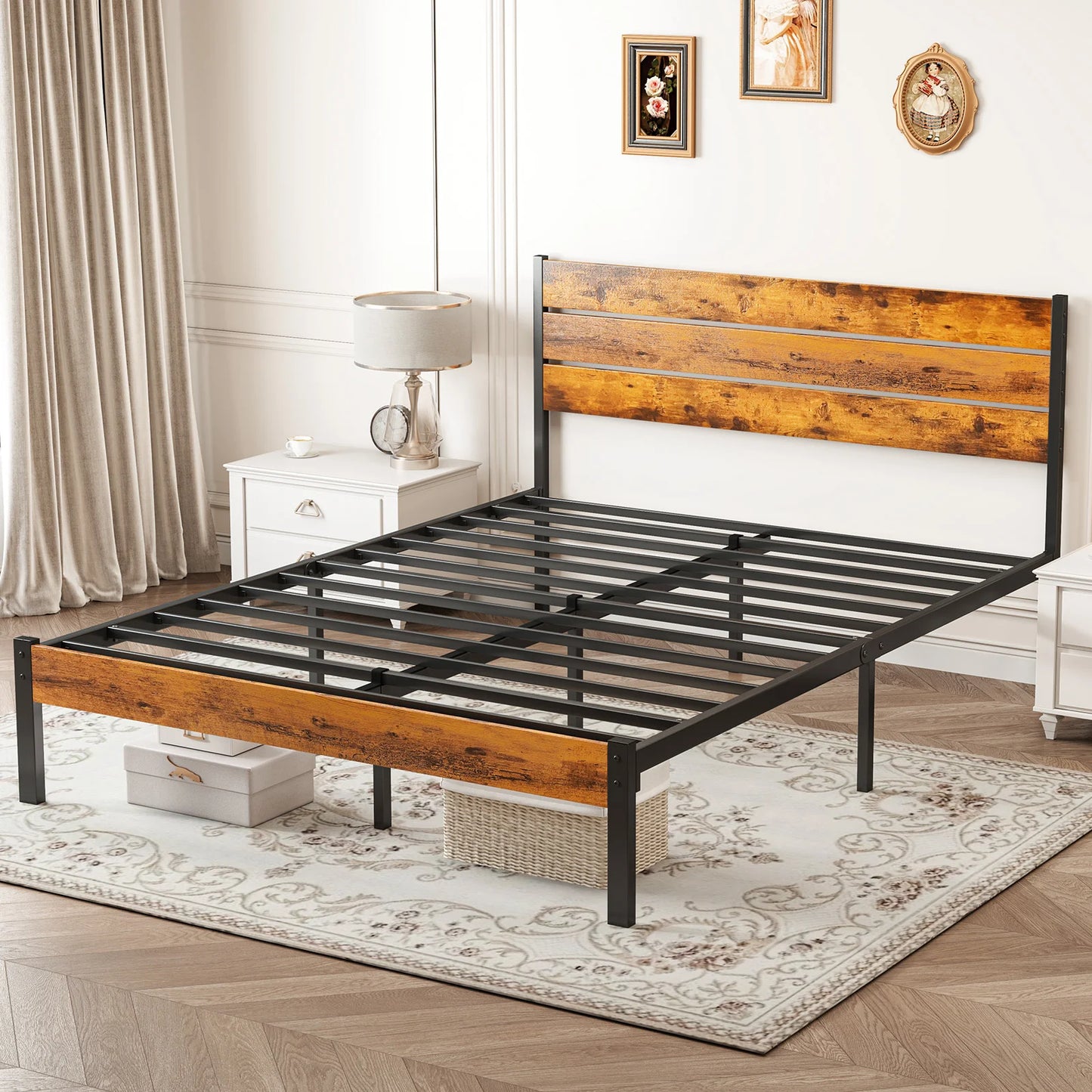 Wooden Headboard and Metal Platform Bed Frame No Box Spring Needed with 700LBS Sturdy Wooden Slats Support For Home