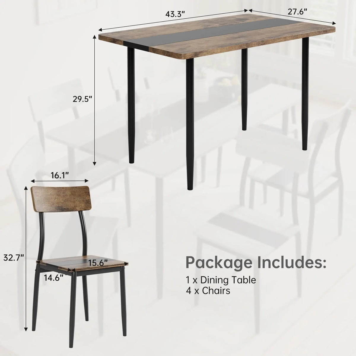 Dining Table Set For 4 With Chairs, Kitchen Table, 2 Tone MDF Top Metal Frame, Space Saving Set For Apartment Home