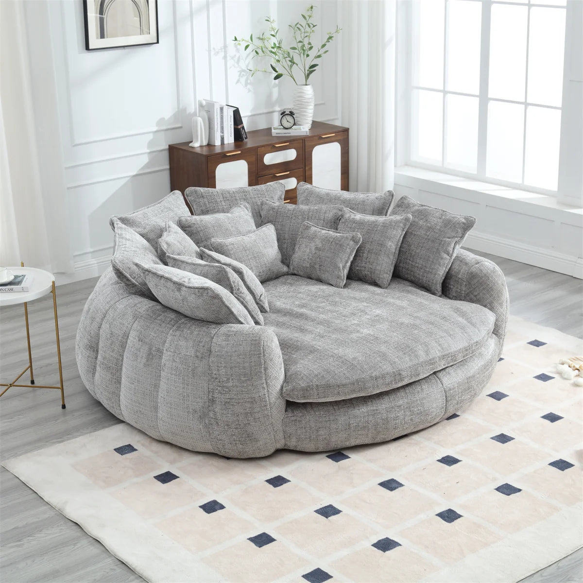 Oversized Round Chaise Lounge Chair with 14 Pillows, Modern Chenille Boneless Couch, Memory Foam