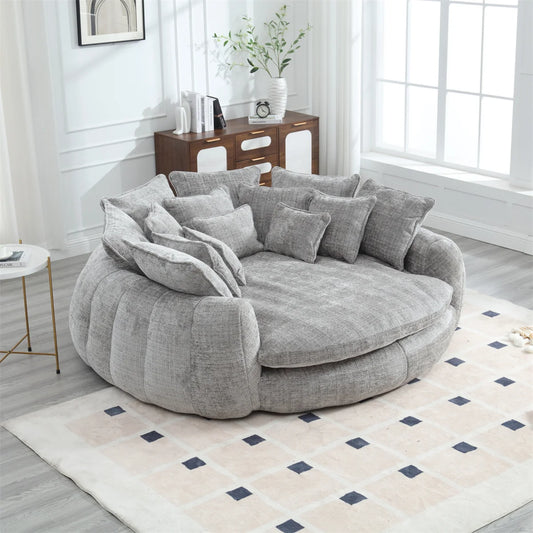 Oversized Round Chaise Lounge Chair with 14 Pillows, Modern Chenille Boneless Couch, Memory Foam