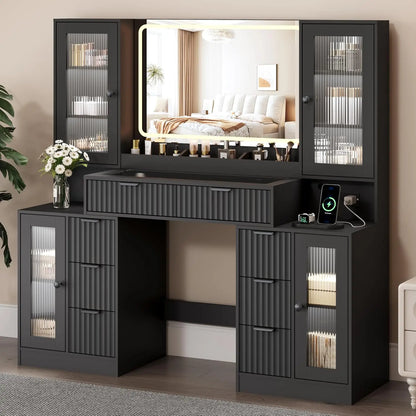 55" Fluted Makeup Vanity Desk with Mirror & Lights, 8 Drawers & 4 Cabinets, Tempered Glass Top, RGB, Custom