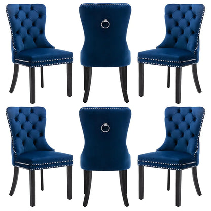 Leather Dining Chairs with Solid Wood Legs and Pull Ring, Luxury, Customized Set of 6