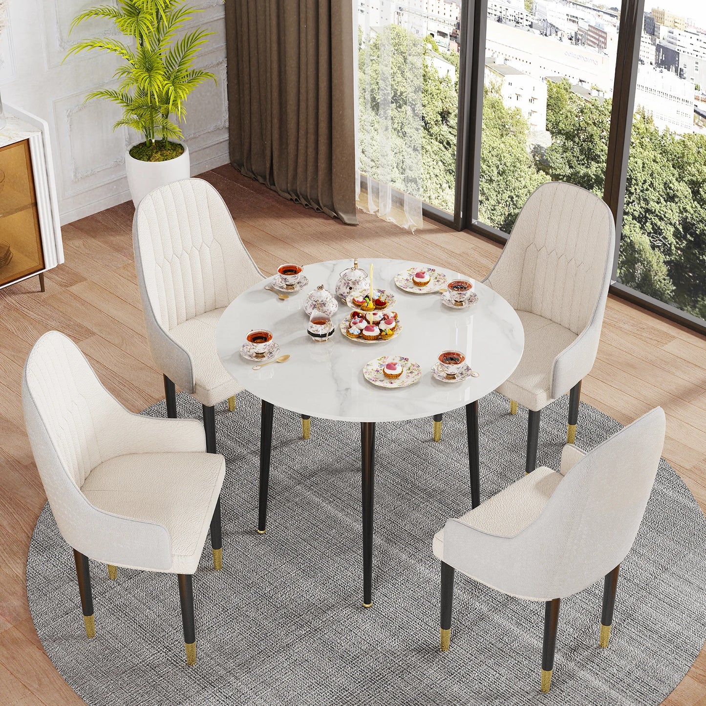 32" Round Stone Dining Table  for 2-4 Person - Small Kitchen Table with Black Metal Legs