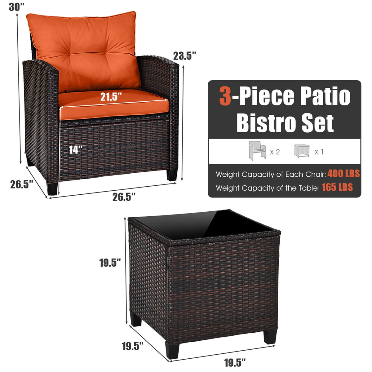 3 PCS Patio Rattan Furniture Set Cushioned  Set Orange