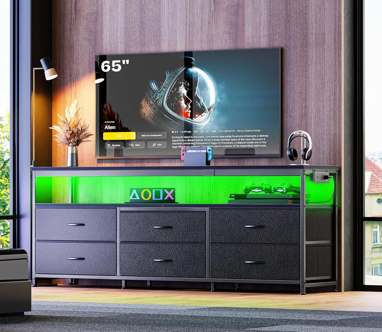 63 Inch LED TV Stand with Power Outlets, Fabric Drawers TV Stand