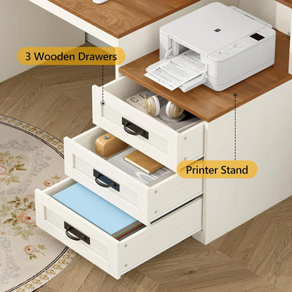 65'' Home Office Desk with Power Outlets, Storage Cabinet and Printer Stand