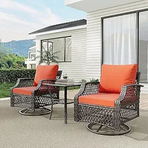3 Piece Outdoor  Wicker Patio Bistro Set with Thickened 25D Cushions and Glass Coffee Table, Swiveling Chairs