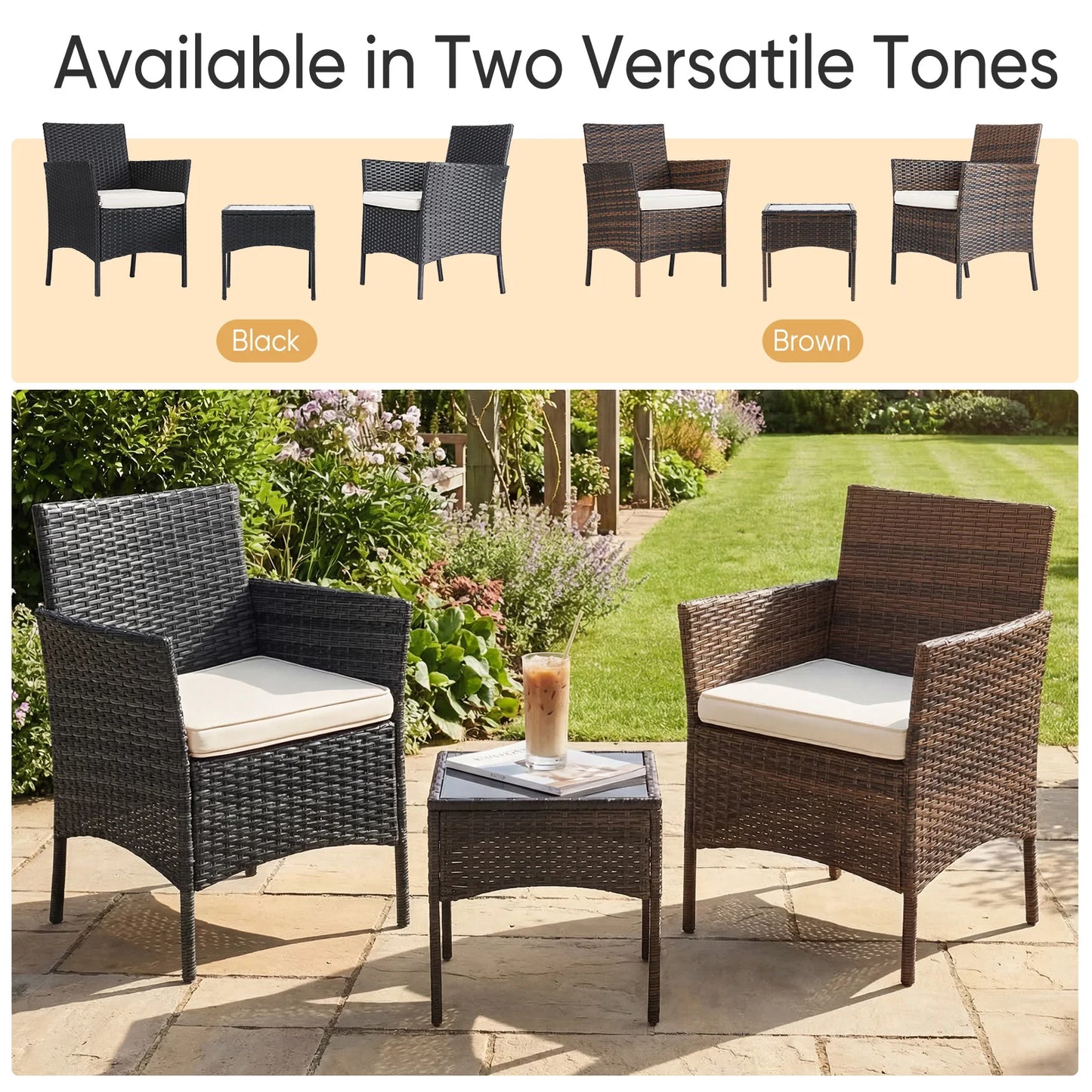 3 Piece Outdoor Patio Furniture Set Wicker Rattan Patio Chairs with Soft Cushion and Glass Table For Garden
