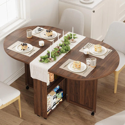 3-in-1 Folding Dining Table With Wine Rack, Drawer & Cup Holders, Drop Leaf Oval Kitchen Table On Lockable Casters For Small Spaces
