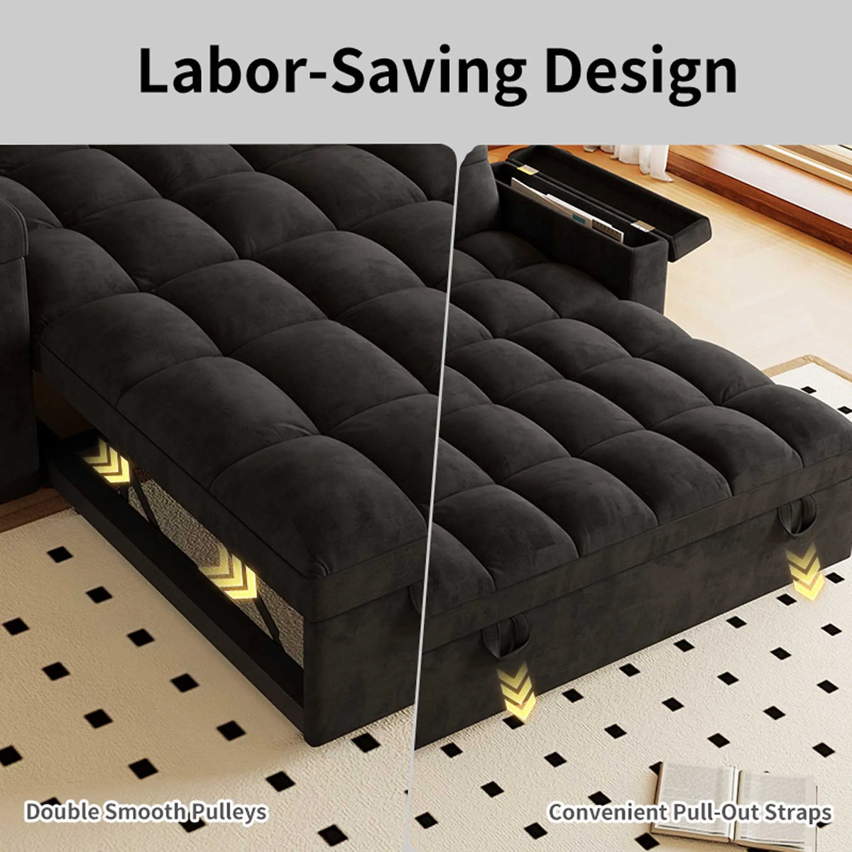 3-in-1 Foldable Velvet Sofa Bed with USB Charging Port, Table Board and Storage Armrests, Adjustable Backrest Sleeper Couch for Living Room Apartment Guest Room, Black