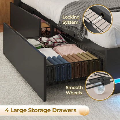 Bed Frame with Bookcase Headboard, Wooden Bed Frame with Charging Station, Storage Drawers and LED Lights, Customized