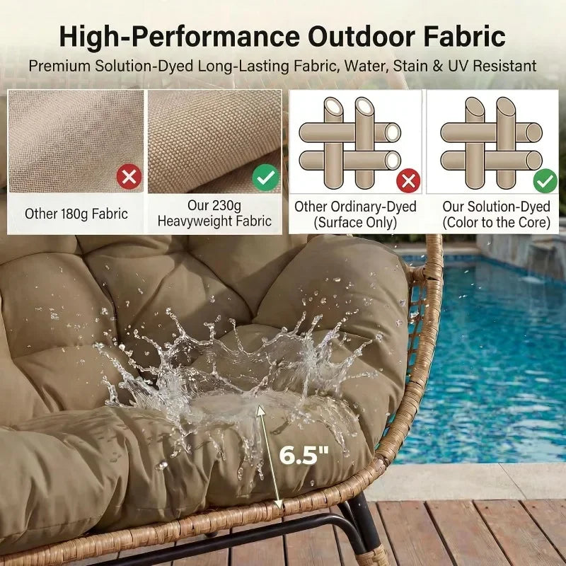Indoor / Outdoor Stationary Oversized Double Egg Chair   6.5" Thick Padded Cushions, 2 Person Wicker Egg Loveseat Chair