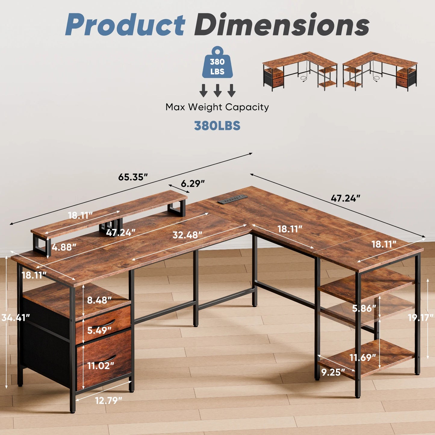 62IN L Shaped Computer Desk with 2 Drawers Wood Table with Adjustable Storage Shelves Charging Station for Desk for Office