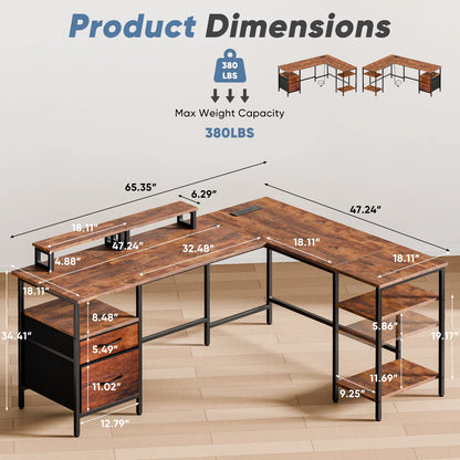 62IN L Shaped Computer Desk with 2 Drawers Wood Table with Adjustable Storage Shelves Charging Station for Desk for Office