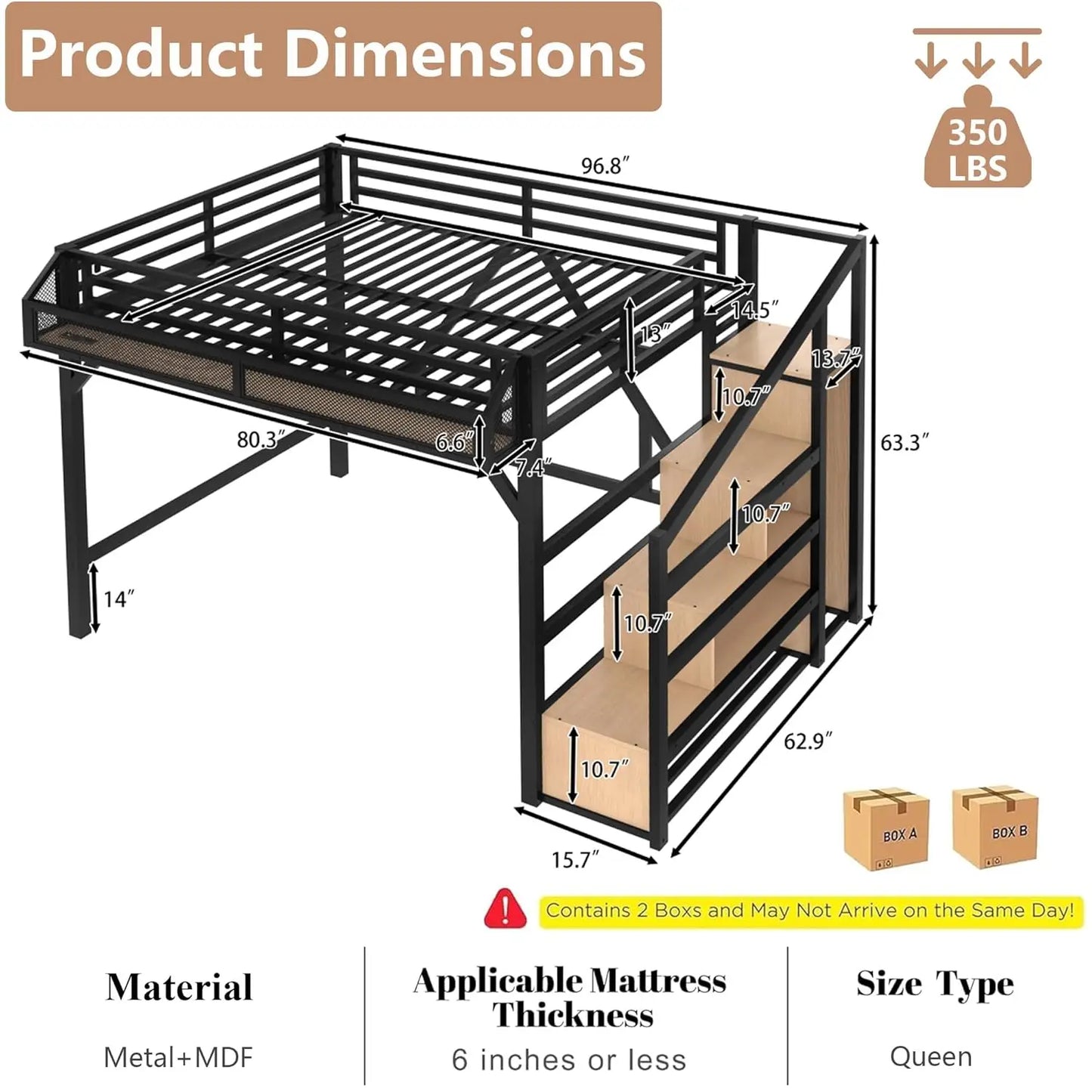 Queen Loft Bed with Storage Stairs Shelves with Wardrobe LED Lights made of  Natural Wood,