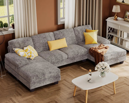 U-Shaped Sofa Couch with Linen Fabric, 4 Seat Sofa Set with Double Chaise
