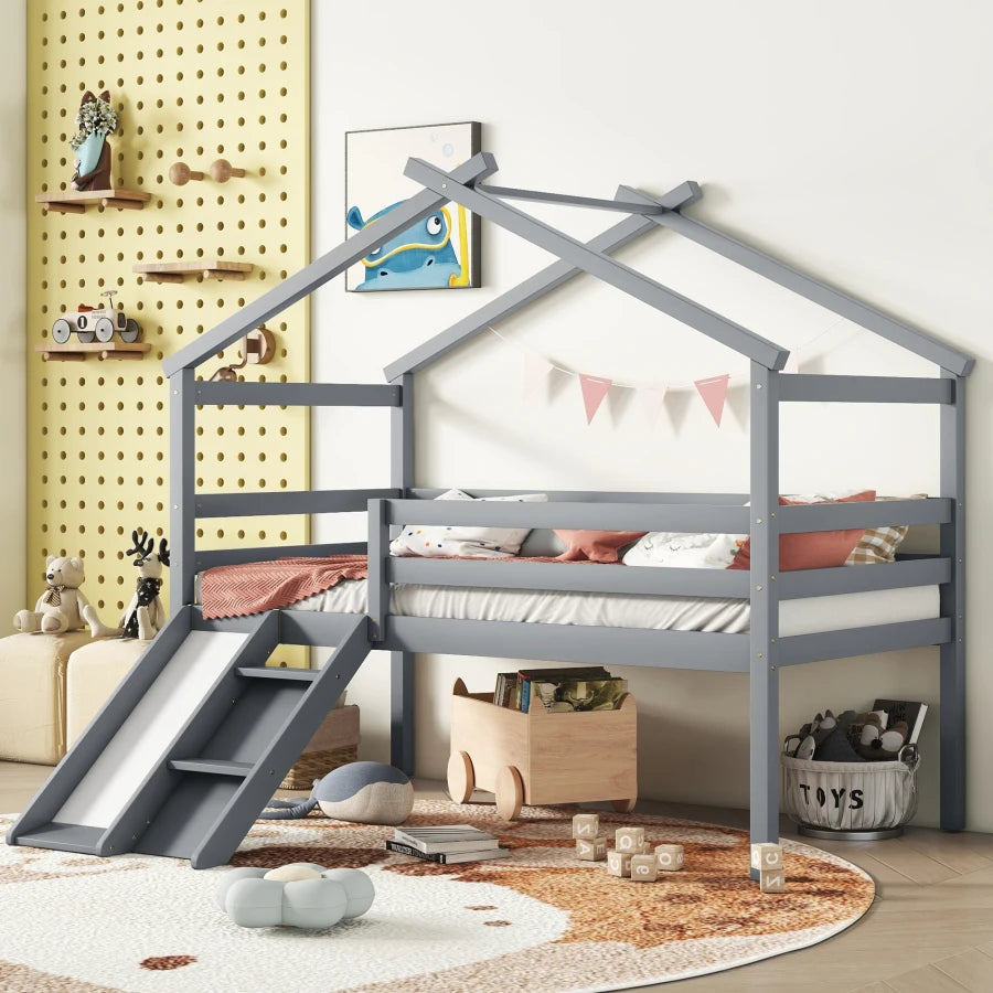 Twin Low Loft House Bed with Slide, Ladder, Safety Guardrails, House Roof Frame
