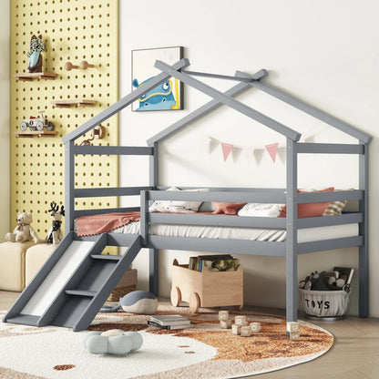 Twin Low Loft House Bed with Slide, Ladder, Safety Guardrails, House Roof Frame