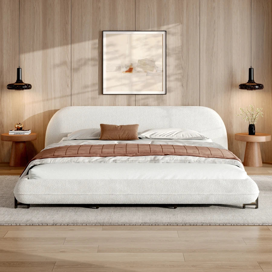 King Size Bed Frame with Boucle Fabric, Upholstered Platform Bed with Curve-Shaped Design and Thick Headboard