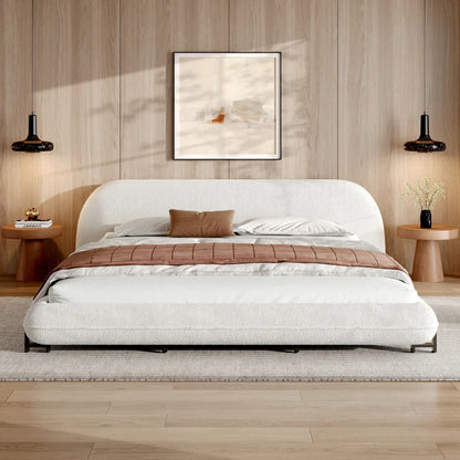 King Size Bed Frame with Boucle Fabric, Upholstered Platform Bed with Curve-Shaped Design and Thick Headboard