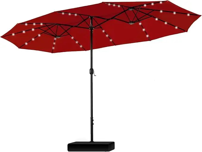 15ft Large Patio Umbrella with Solar Lights, Double-Sided Outdoor Market Rectangle Umbrellas with 36 LED Lights, Umbrella Base